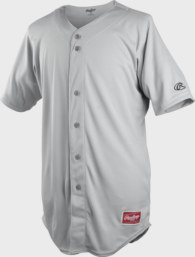 A gray full button-up Rawlings adult short sleeve jersey - SKU: KLR121-GR