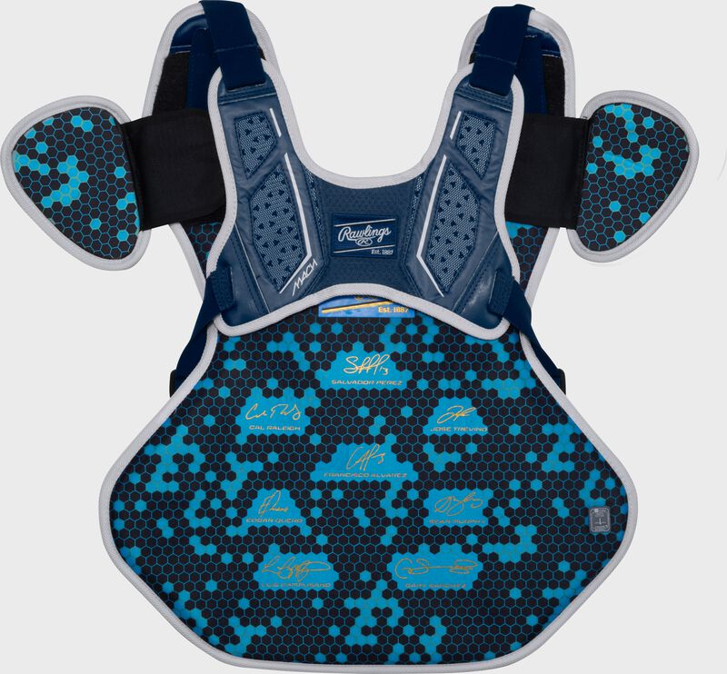 Back of a navy Rawlings Mach Pro Series chest protector