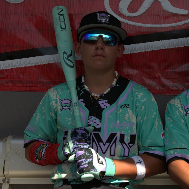 A player on the bench with a 2026 Rawlings Icon USSSA baseball bat