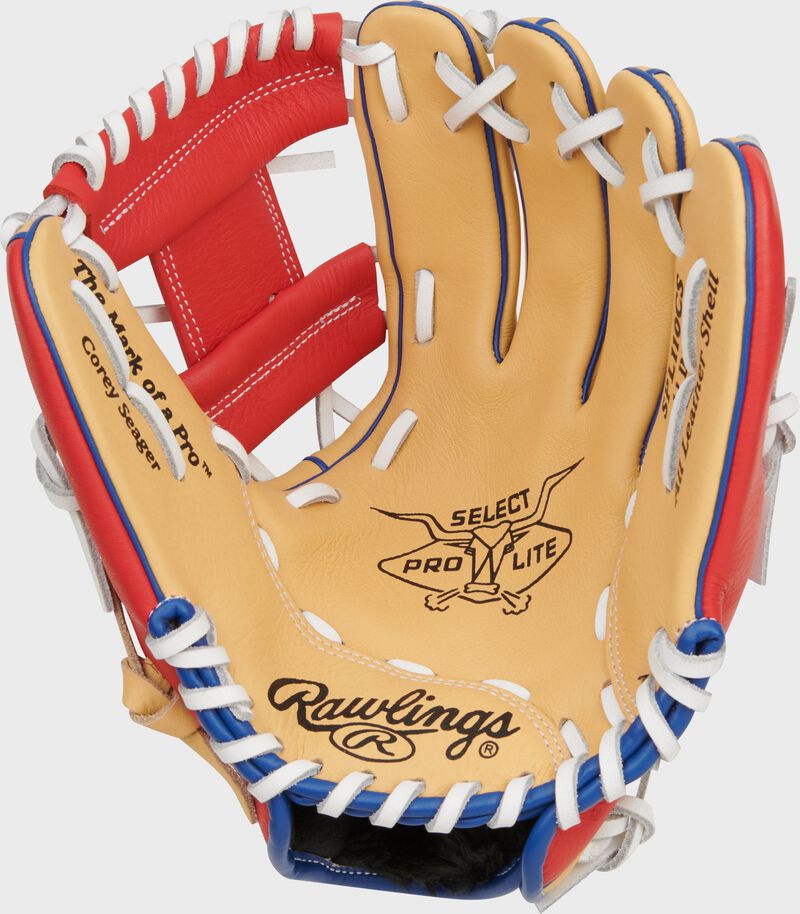Camel palm of a Rawlings Corey Seager Select Pro Lite baseball glove with white laces loading=