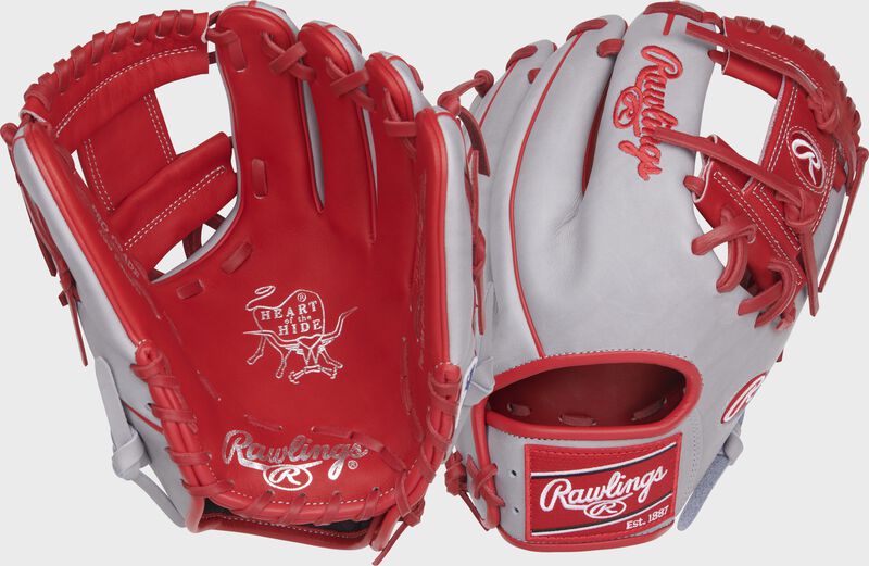 2 views showing the palm back of a gray/scarlet Jonathan India Heart of the Hide infield glove - SKU: PRO204-2JI