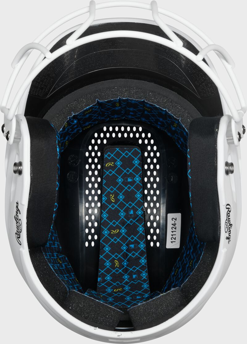 Inside padding of a white Rawlings RX2 fastpitch batting helmet