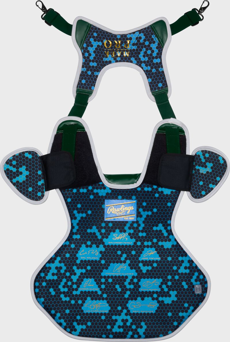 Back of a dark green Rawlings Mach Pro Series chest protector with the harness up