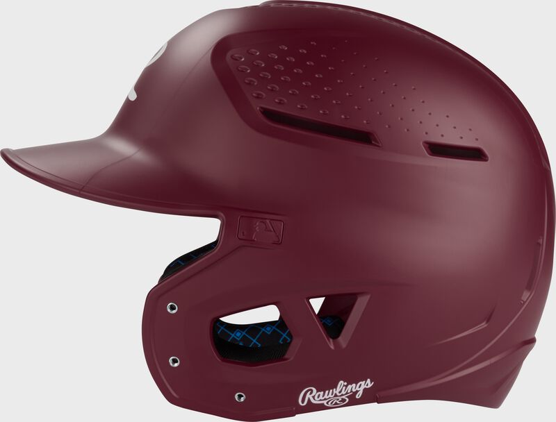 Left side of a maroon Rawlings RX2 batting helmet