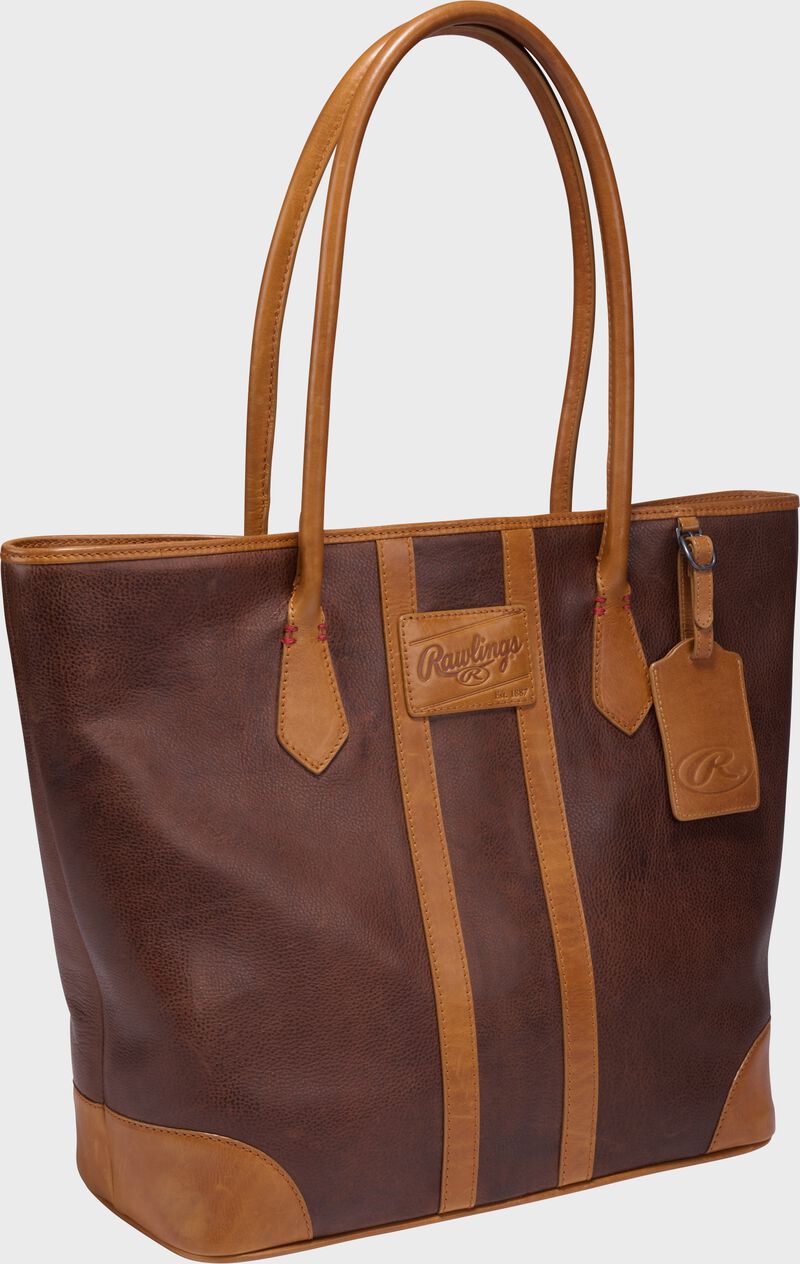 Angled view of a brown Rawlings Heritage Tote Bag