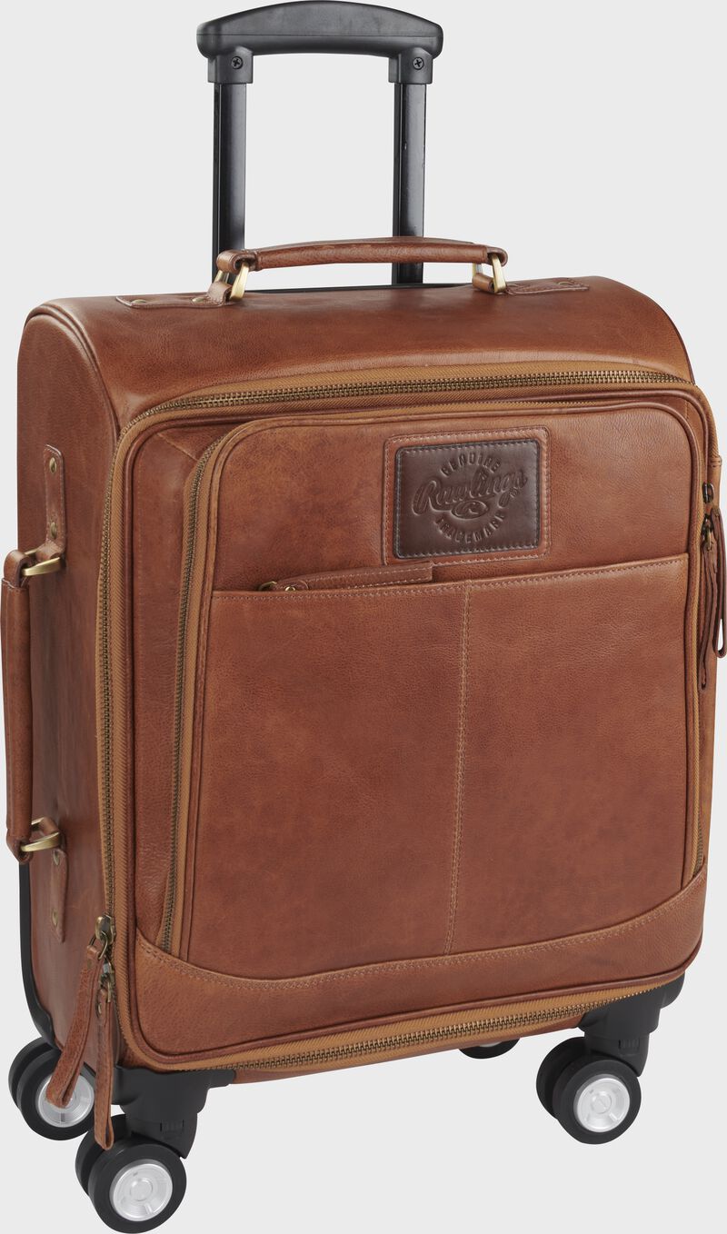 Front of a leather four spin trolley luggage bag with the telescoping handle up - SKU: RB60015