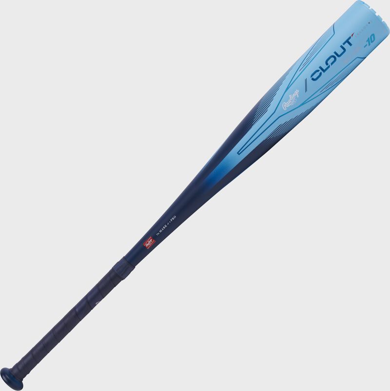 Full view of a blue 2024 Rawlings Clout AI USSSA baseball bat angled from bottom left to top right - SKU: RUT4C10