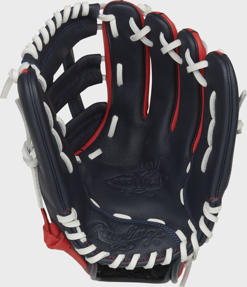 Navy Palm of a Ronald Acuna Jr. Select Pro Lite glove with white laces - SKU: SPL115RA loading=