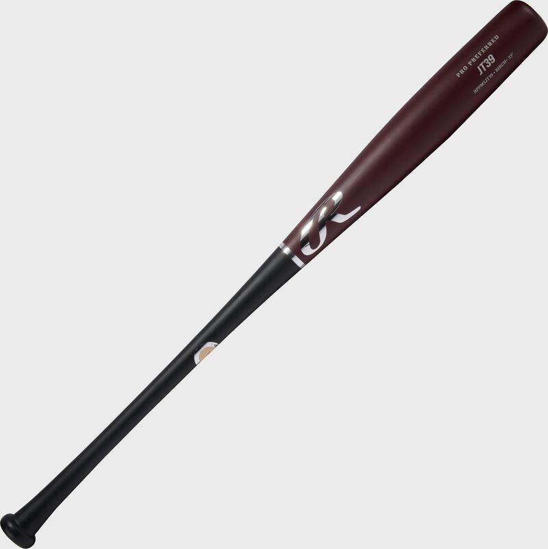 A maroon/black Pro Preferred JT39 torpedo barrel birch wood bat