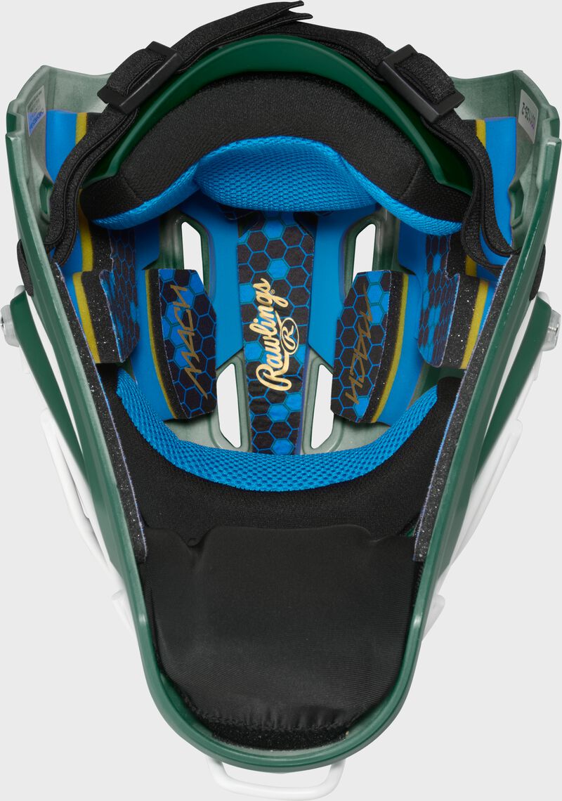 Inside padding of a dark green Rawlings Mach Pro Series catcher's helmet