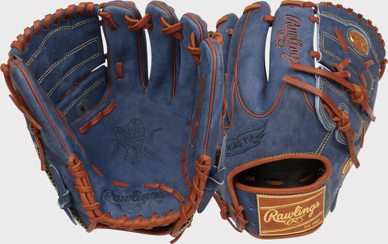 Two images showing the palm & back of a Heart of the Hide Pro Label Denim Infield/Pitcher's Glove