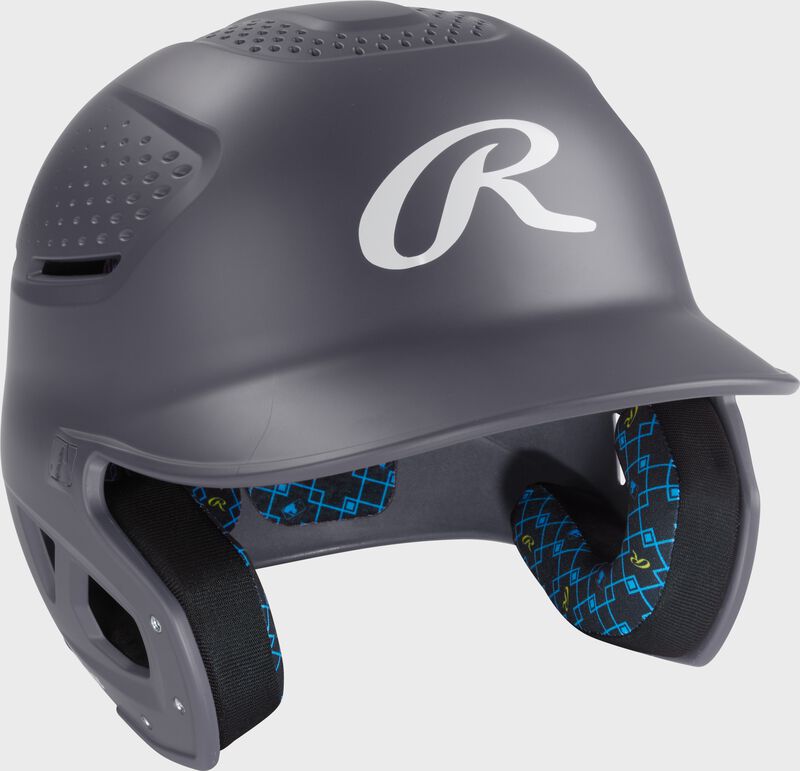Front right of a graphite Rawlings RX2 batting helmet