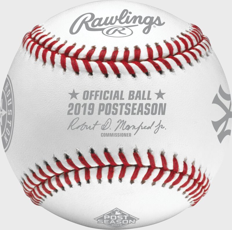 An official ALCS19DL 2019 American League Championship Series dueling baseball with the league commissioner's signature