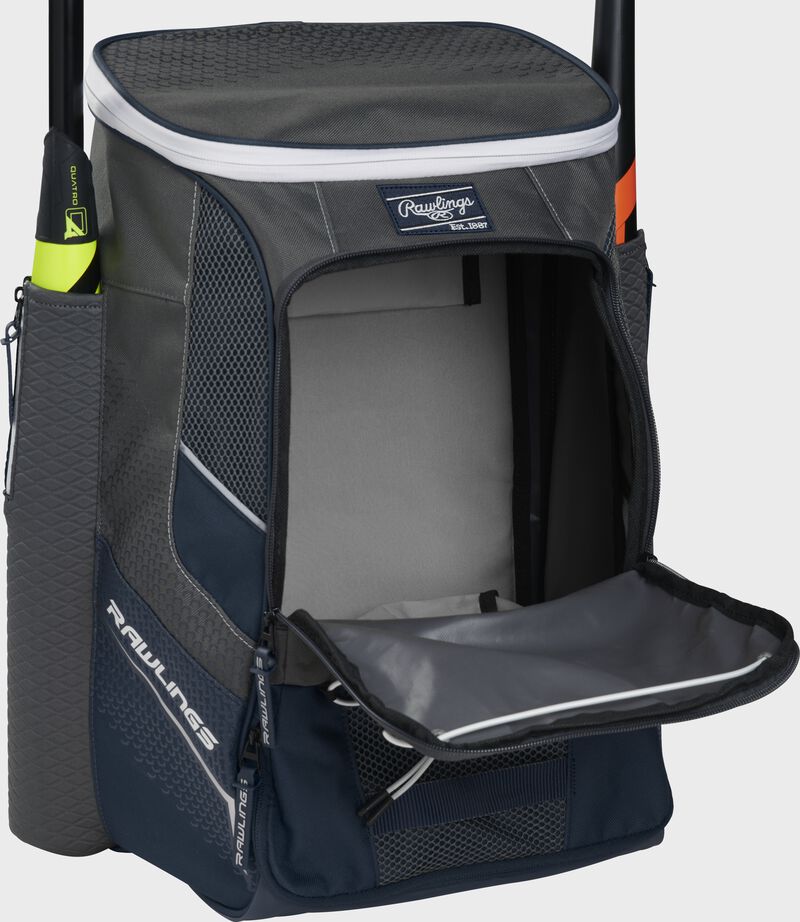 Front of a navy Rawlings Impulse backpack with the main compartment open - SKU: IMPLSE-N