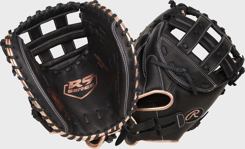 Two images showing the palm & back of a 33" R9 Series fastpitch catcher's mitt loading=