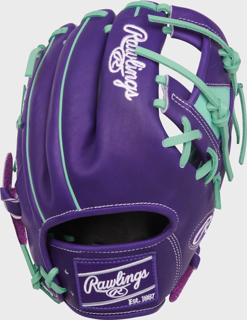 Back of a Heart of the Hide 11.5-Inch Purple Infield Glove with a purple Rawlings patch