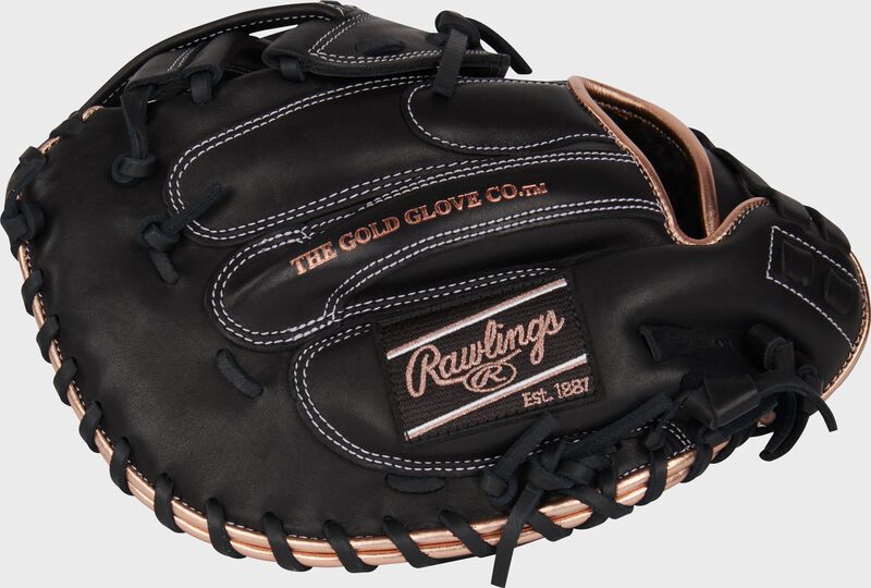 Black back of a Rawlings R9 Series 33" fastpitch catcher's mitt with a black/Rose gold catcher's mitt loading=