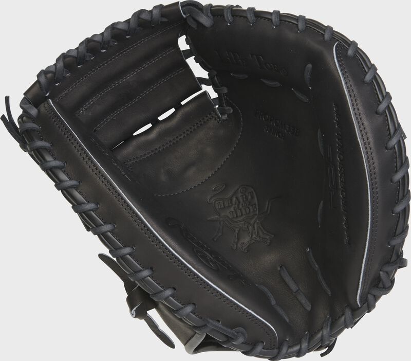 black palm of a Rawlings Heart of the Hide R2G catcher's mitt with black laces - SKU: RSGPRORCM33B