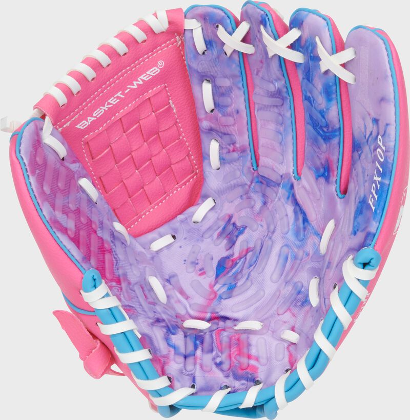 Palm of a pink/tie dye Rawlings Flex Palm Series 10-inch Youth Softball Glove