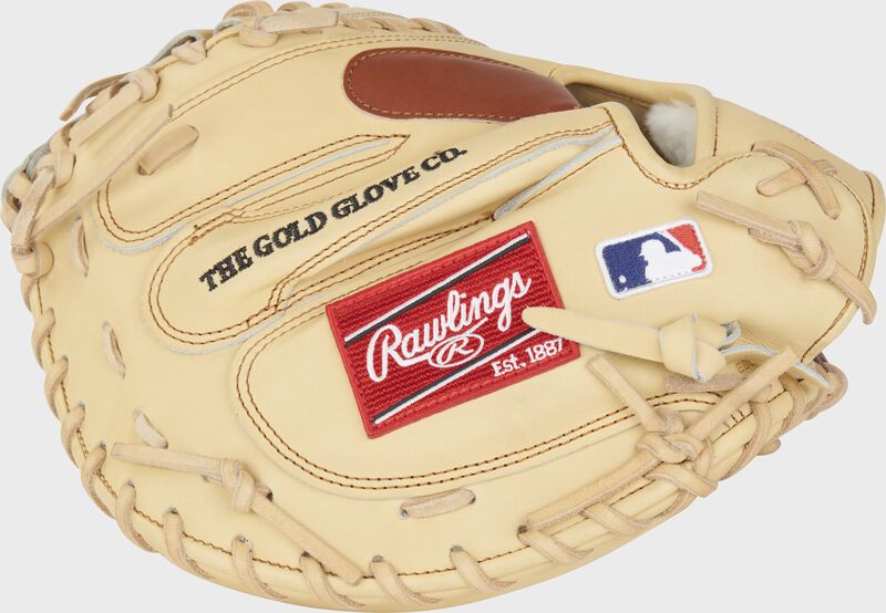 Back of a Jacob Stallings Pro Preferred catcher's mitt with a red Rawlings patch and MLB logo on the pinky - SKU: RSGPROSCM43JS