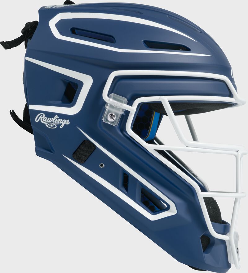 Right side of a navy Rawlings Mach Pro Series catcher's helmet