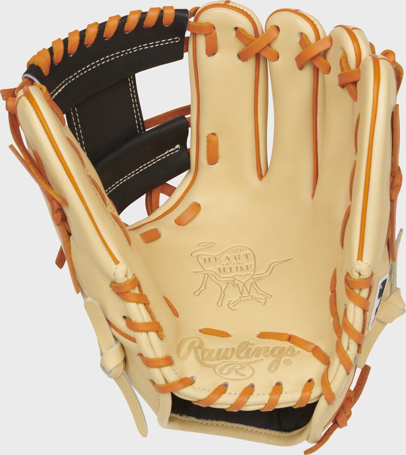 Camel palm of a Rawlings Baltimore Orioles glove with orange laces - SKU: RSGPRO204-2BAL loading=