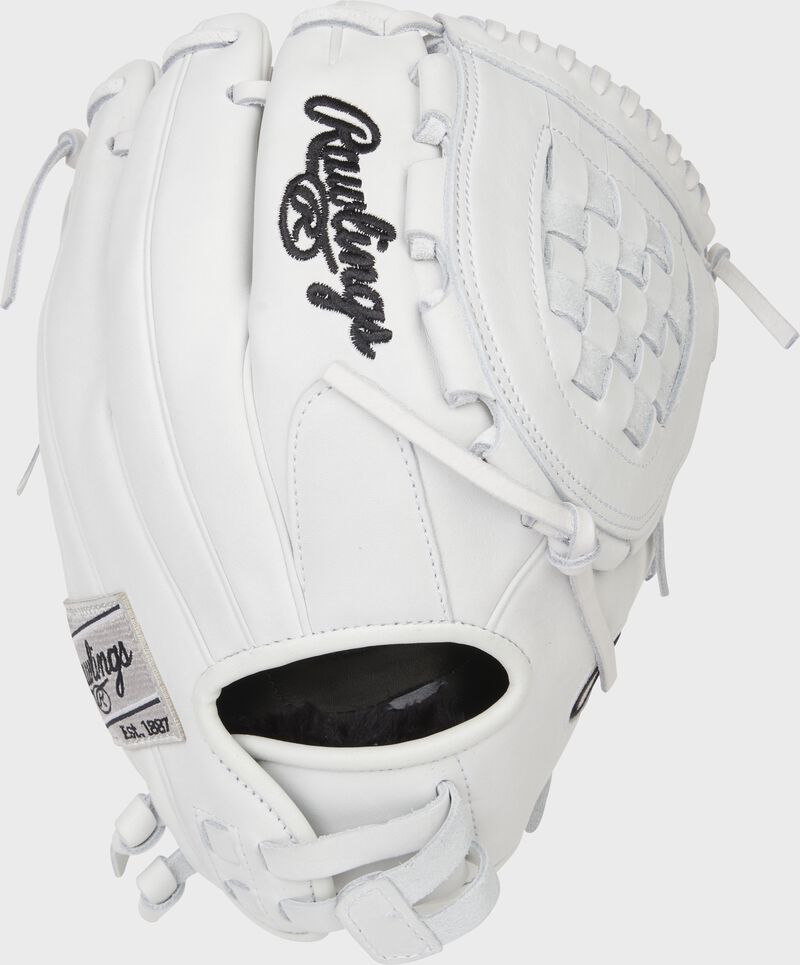 Back of a white Liberty Advanced 11.5" Basket web glove with a pull strap back - SKU: RLA115-3W loading=