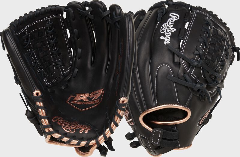 Two images showing the back & palm of a black Rawlings R9 Series 12.5" utility fastpitch glove loading=
