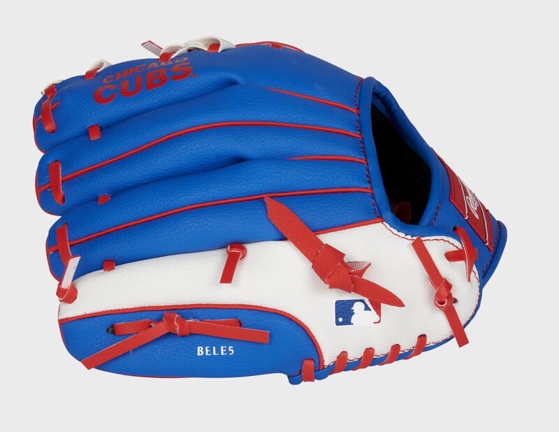 Back of a blue/white Rawlings Chicago Cubs youth glove with the MLB logo on the pinky - SKU: 22000008111 loading=