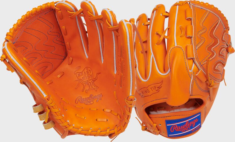 Two images showing the palm & back of an orange Rawlings Heart of the Hide Japan Series 11.75" glove