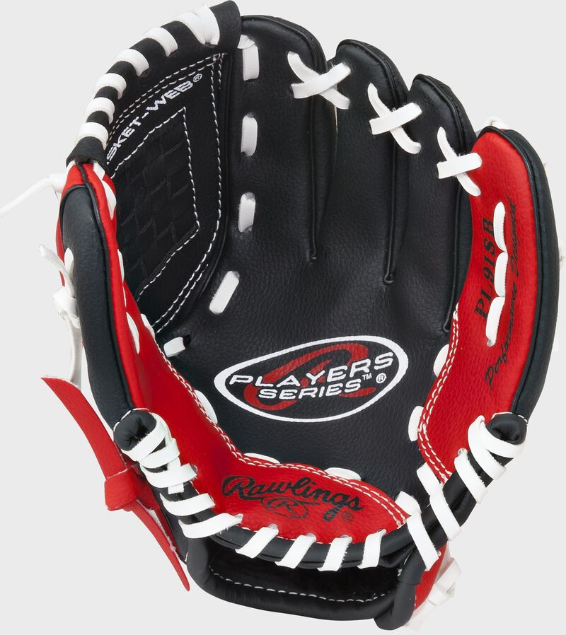 Palm of a black/scarlet Players Series T-ball glove - SKU: MEIPL91SB loading=