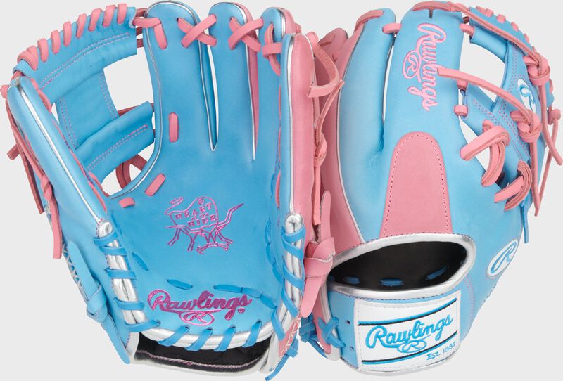 Two images showing the palm & back of a Columbia blue/pink Heart of the Hide 11.5" infield glove
