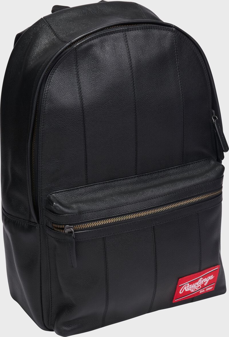 Front angle view of a black Rawlings Strike Out backpack loading=