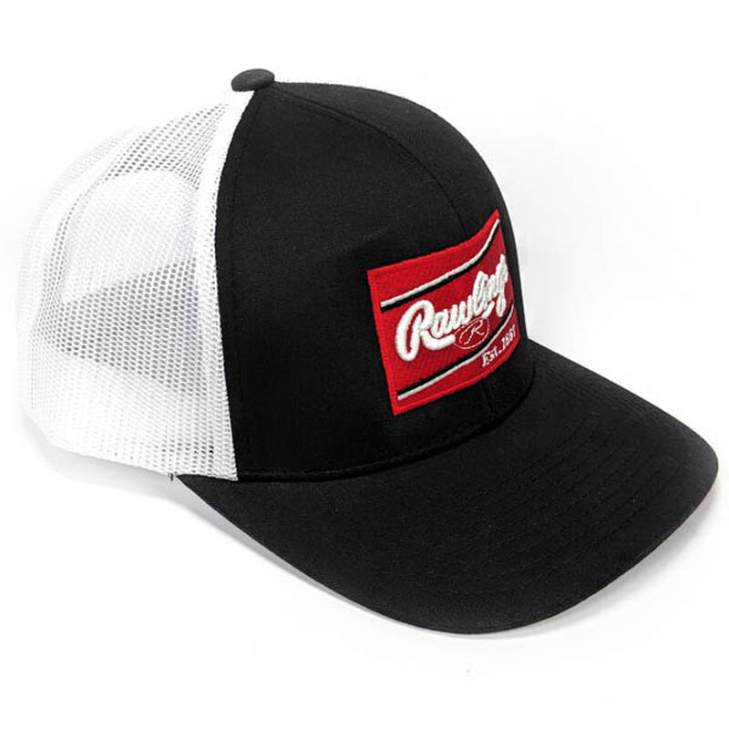 Front of Rawlings Black & White Snapback Trucker Mesh Hat With Rawlings Patch Logo - SKU #RWBHC