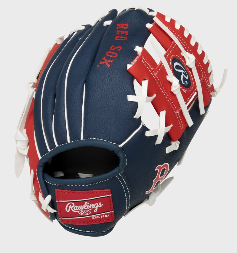 Back of a navy/red Boston Red Sox 10-inch I-web glove with a red Rawlings patch - SKU: 22000024111 loading=