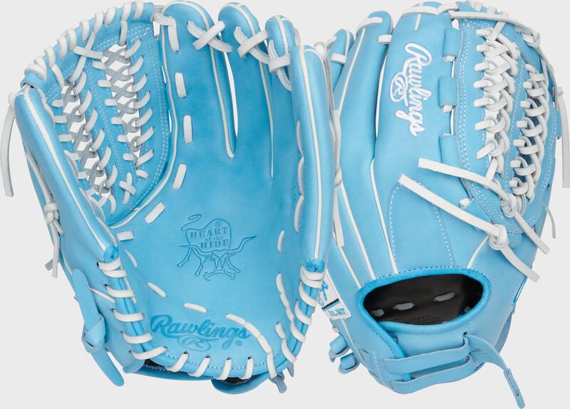 Two images showing the palm & back of a Columbia blue Heart of the Hide 12.5" utility fastpitch glove loading=
