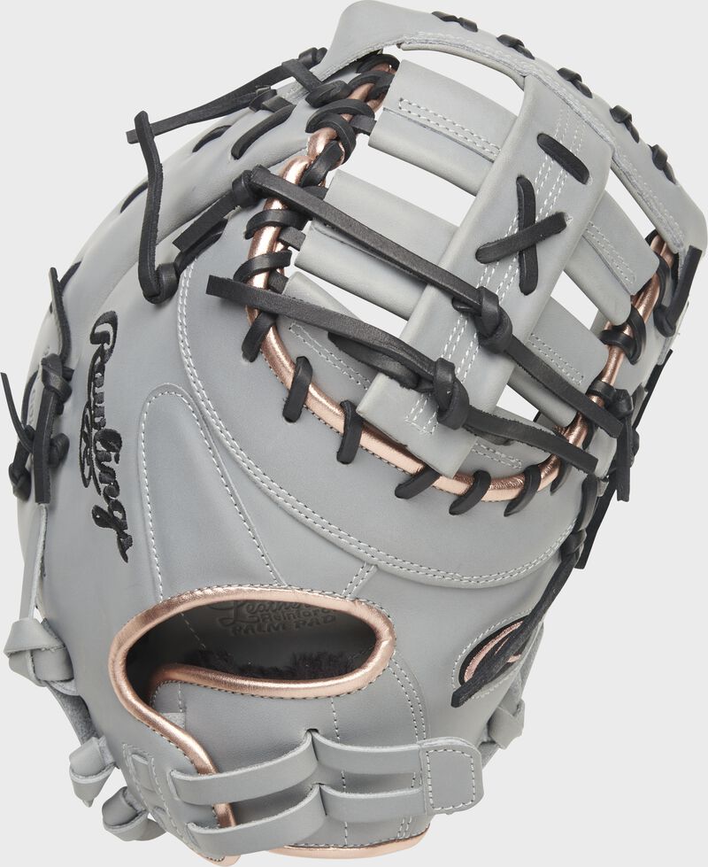 Back of a gray Liberty Advanced Color Series first base mitt - SKU: RLADCTSBGRG loading=