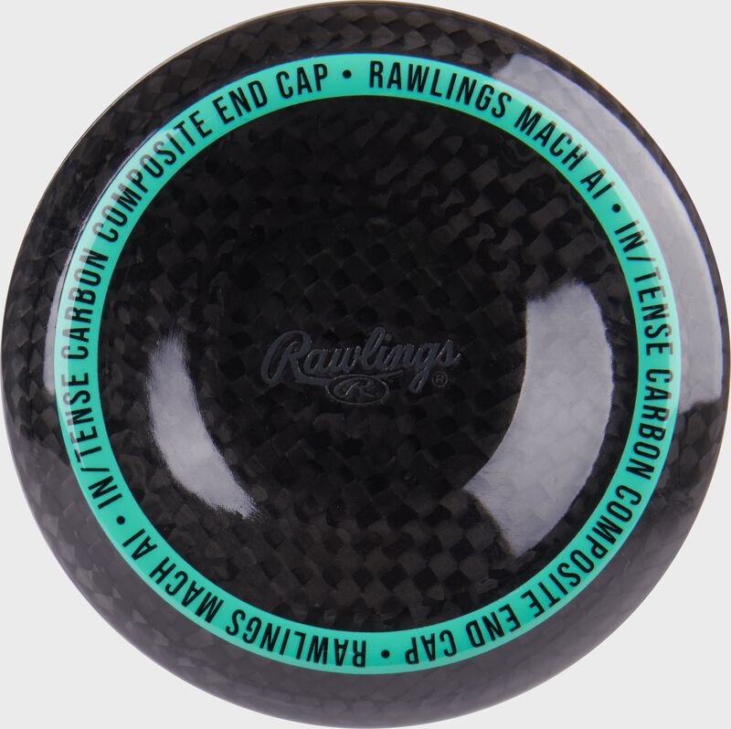 Black/mint end cap of a Rawlings Mach AI BBCOR baseball bat