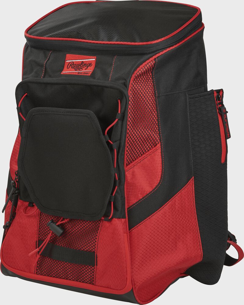 Front left of a scarlet/black R600 Rawlings backpack without bats