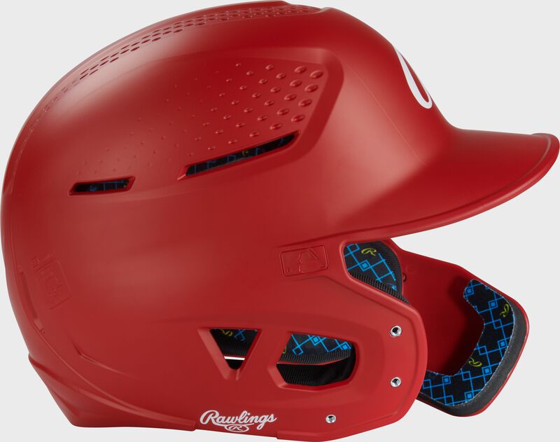 Right side of a scarlet Rawlings RX2 Reverse batting helmet