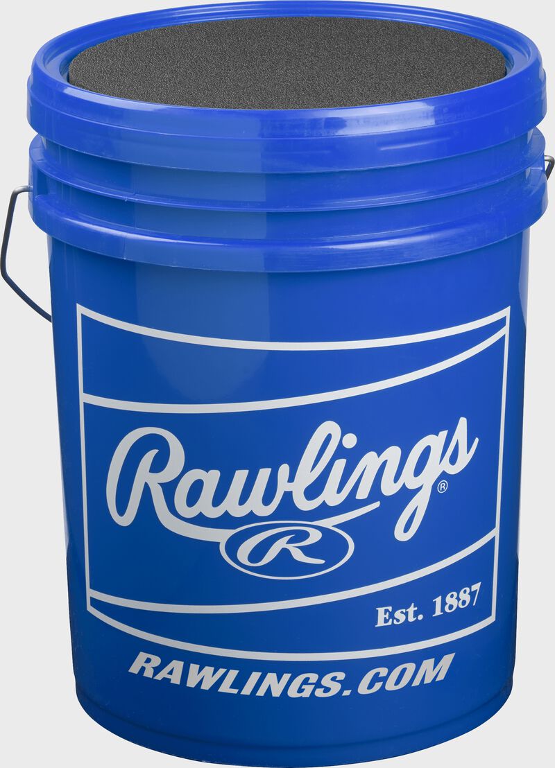 White patch printed on a blue R100UPYBUCK30 youth Ultimate Practice baseball bucket loading=