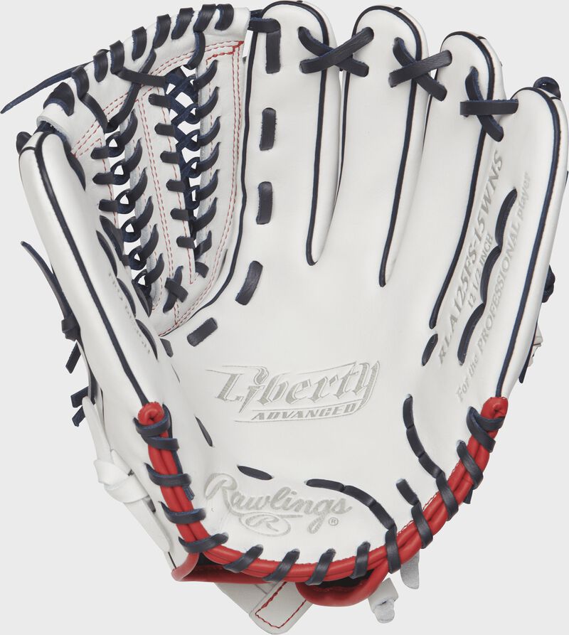 Shell palm view of white, navy, and scarlet Liberty Advanced 12.5-in Fastpitch Finger Shift outfield glove loading=