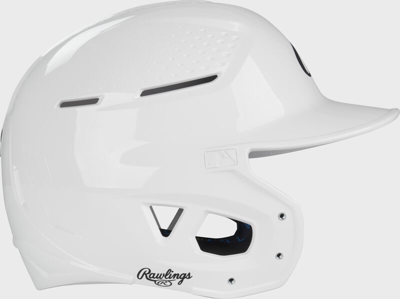 Right side of a white Rawlings RX2 gloss baseball batting helmet