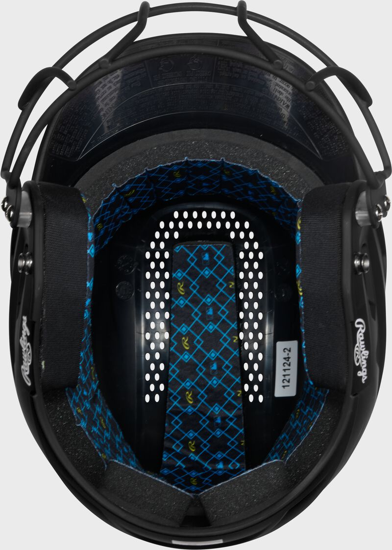 Inside padding of a black Rawlings RX2 fastpitch batting helmet