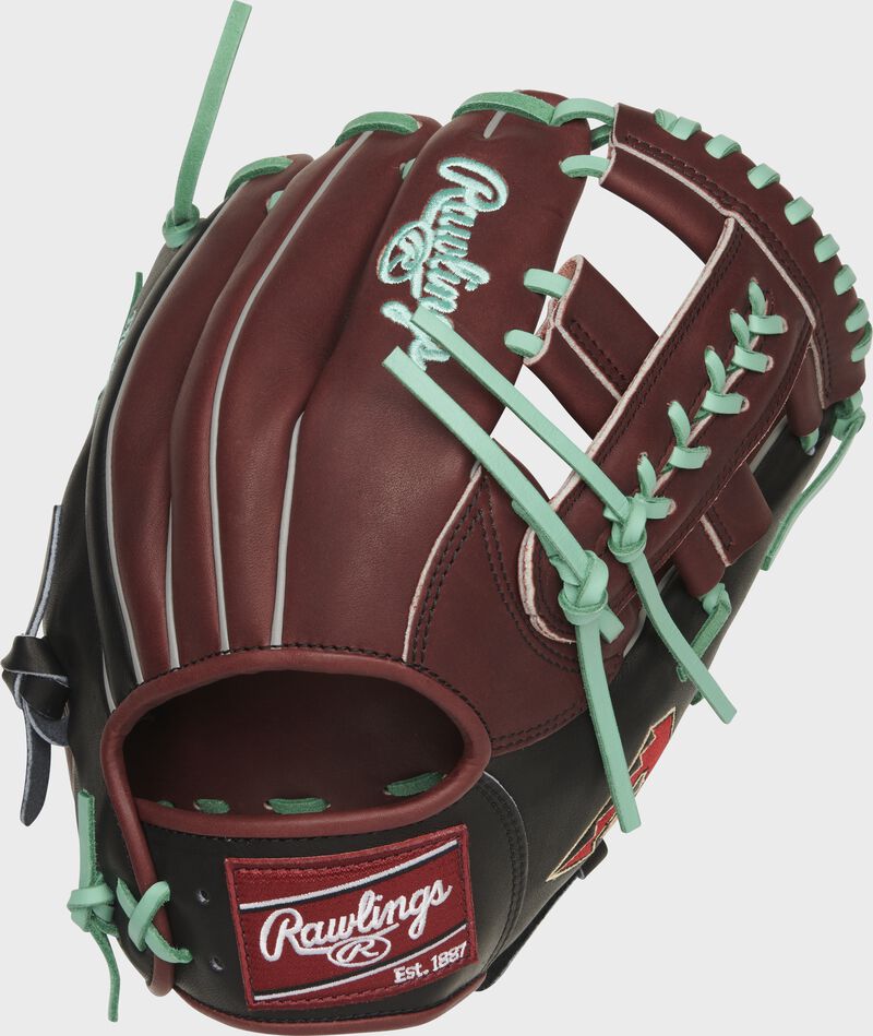 Shell back view of sherry and black 2021 Arizona Diamondbacks Heart of the Hide glove