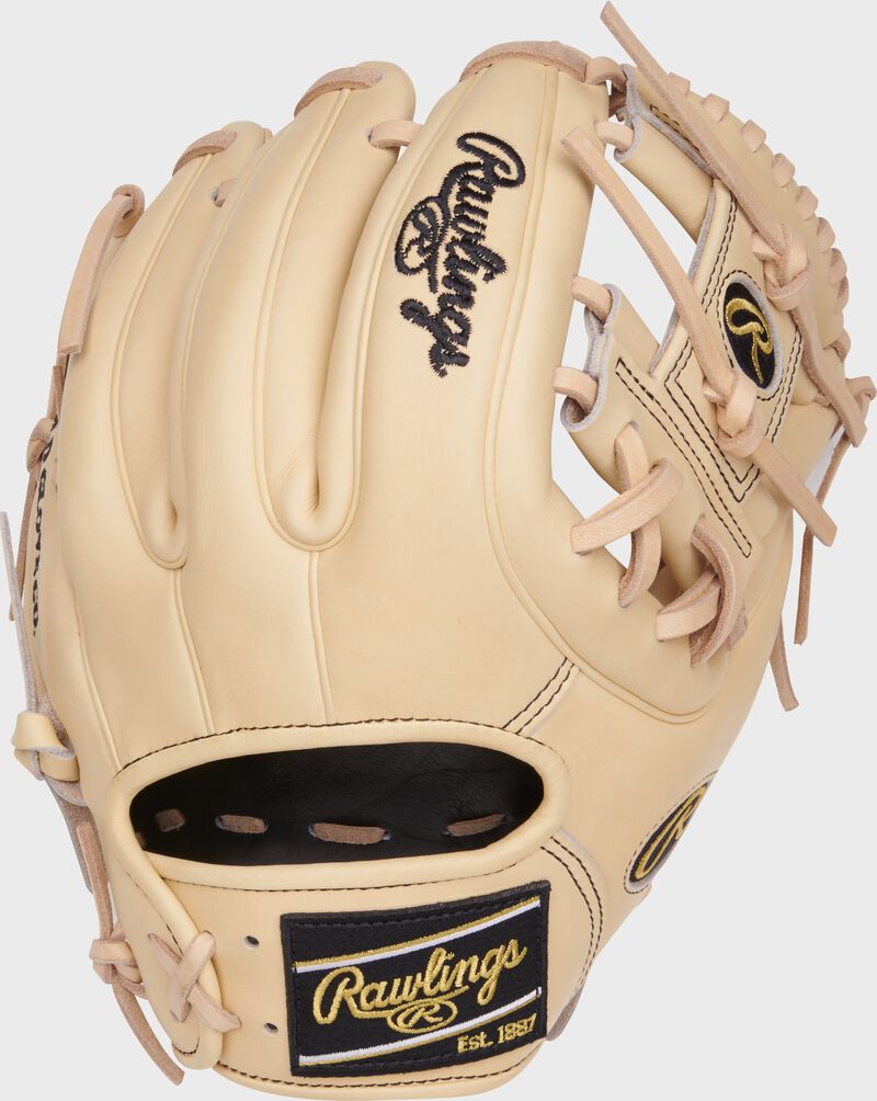 Back of a camel 11.25" Heart of the Hide infield glove with a black Rawlings patch