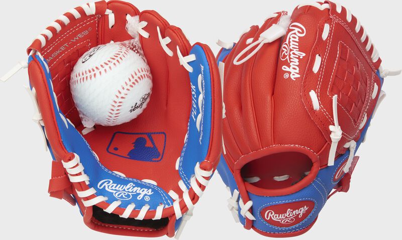 Two images showing the palm & back of a red Players Series 9" baseball/softball glove with soft core ball