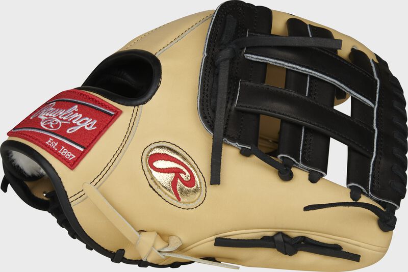 Camel thumb of a Gameday 57 Series Brandon Crawford 11.5-inch Pro Preferred glove with a black H-web - SKU: PRO204-BC35 loading=