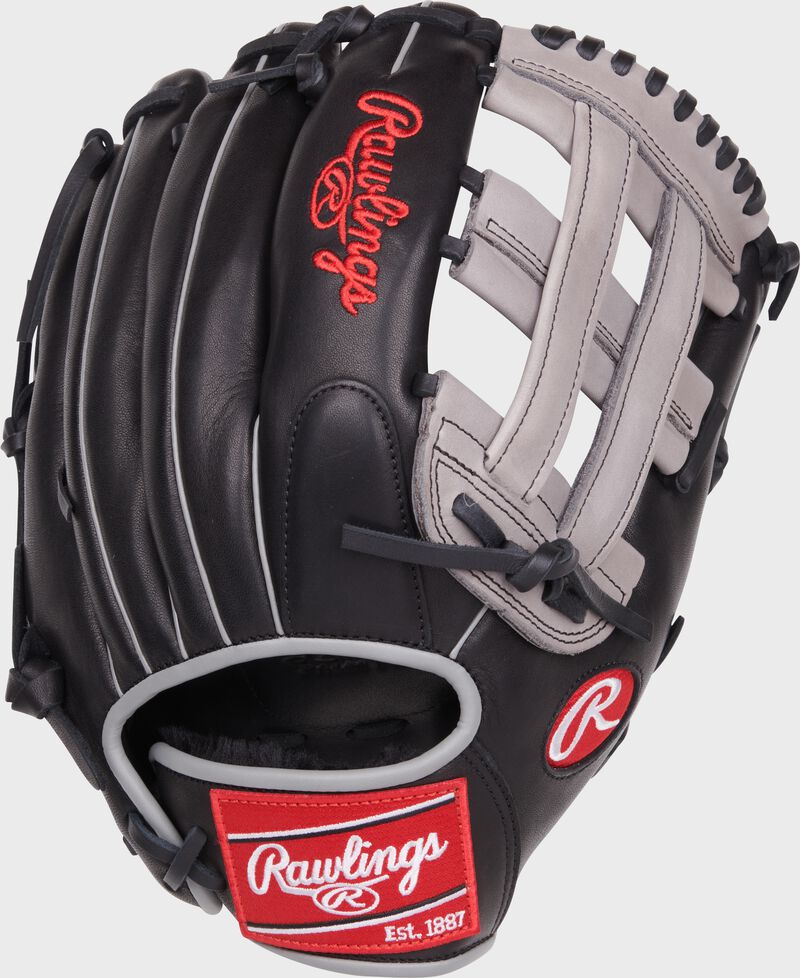 Black back of a Foundation Series Aaron Judge H-web glove with a red Rawlings patch - SKU: RSGRF3028-6B loading=
