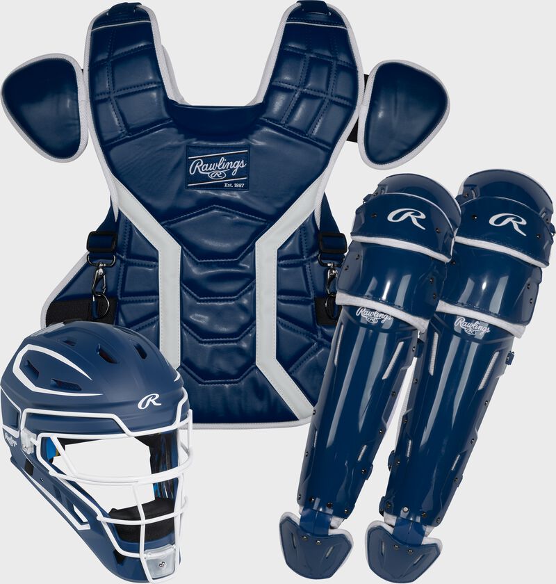A navy Mach Pro Series Catcher's set with a helmet, chest protector, and leg guards